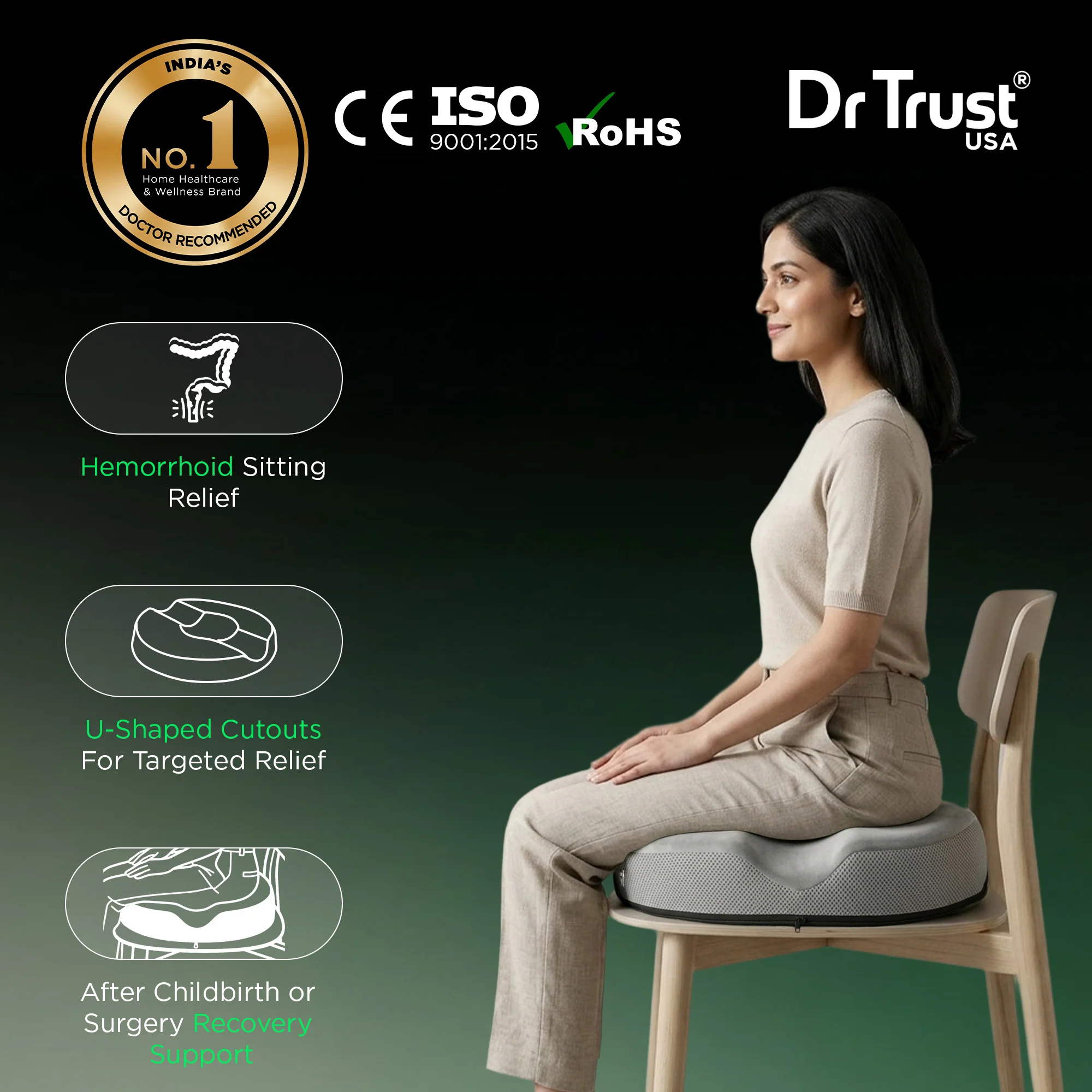Dr Trust USA 3208 Orthopedic Donut Pillow for Tailbone Pain Relief Ergonomic Ring Cushion Seat for Piles, Hemorrhoids, Postpartum Recovery & Coccyx Support Sitting Cushion for Office Chair, Car & Wheelchair - Image 2